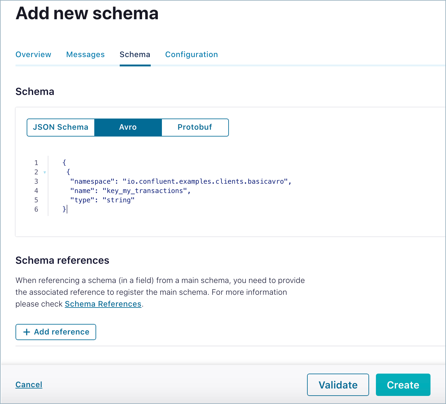 Example of a schema for a message key entered in the schema editor