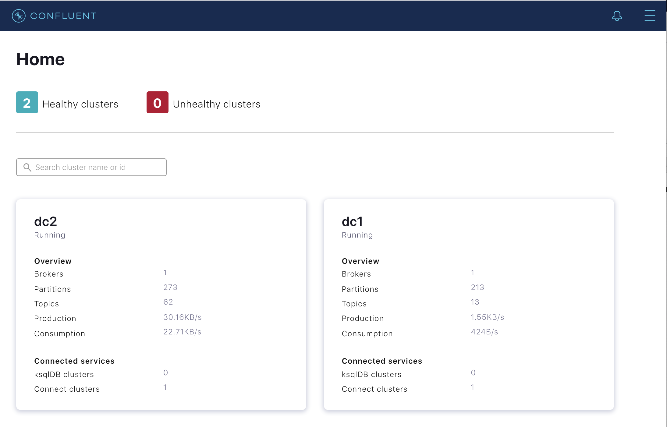 Control Center UI showing the dc1 and dc2 Kafka clusters