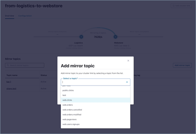 Confluent Cloud Console Add mirror topic dialog with a field for the source topic name